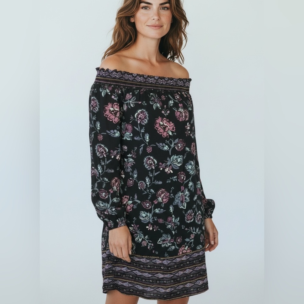 BeachLunchLounge Women’s Black Floral Boho Long Sleeve Off Shoulder Dress Medium